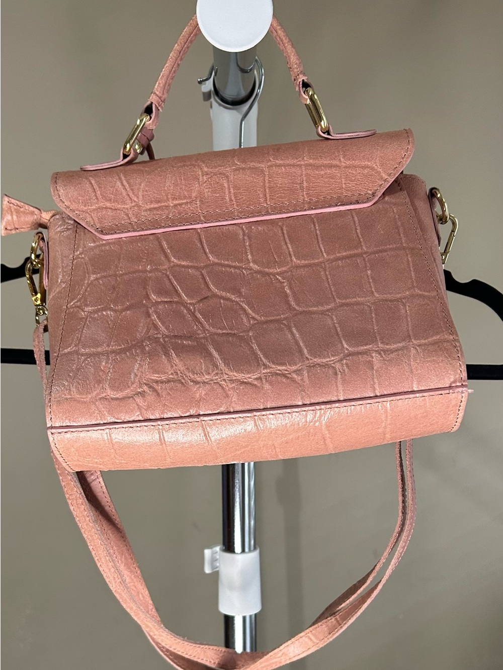 Persaman New York Baby Pink Croc-Embossed Top Handle Satchel with Gold Accents - Picture 4 of 4
